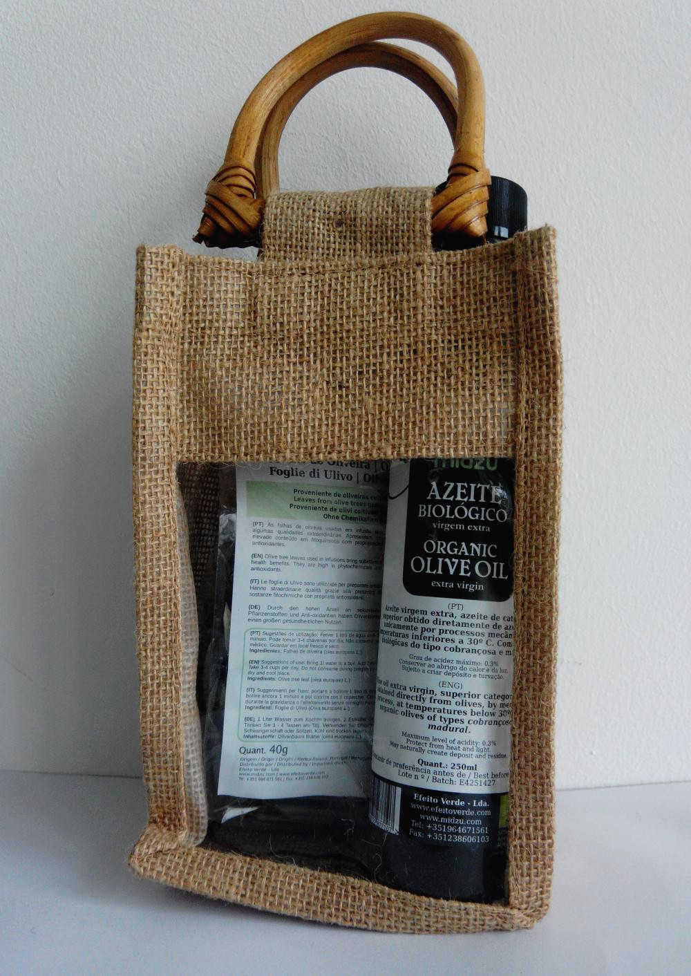 Midzu olive oil and olive leaf tea in juta bag